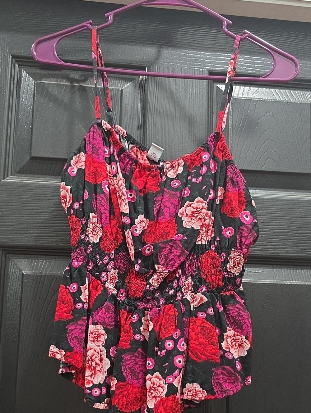 Old Navy Black Floral Smocked Cami with Pink and Red Flowers